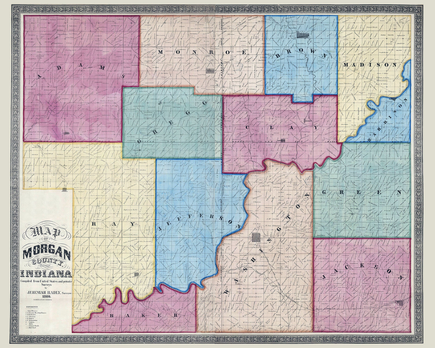 1860 Farm Line Map of Morgan County Indiana