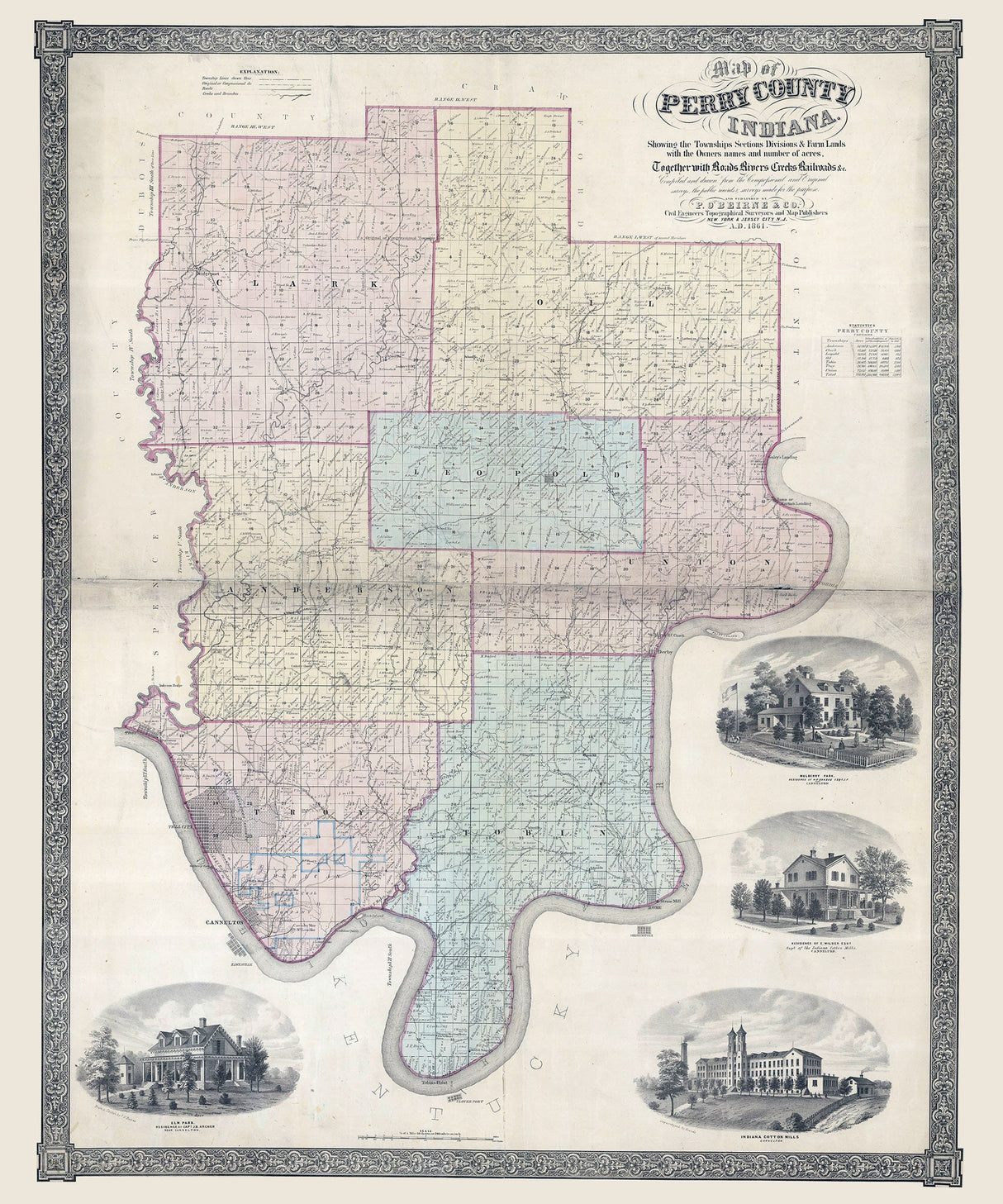 1861 Farm Line Map of Perry County Indiana