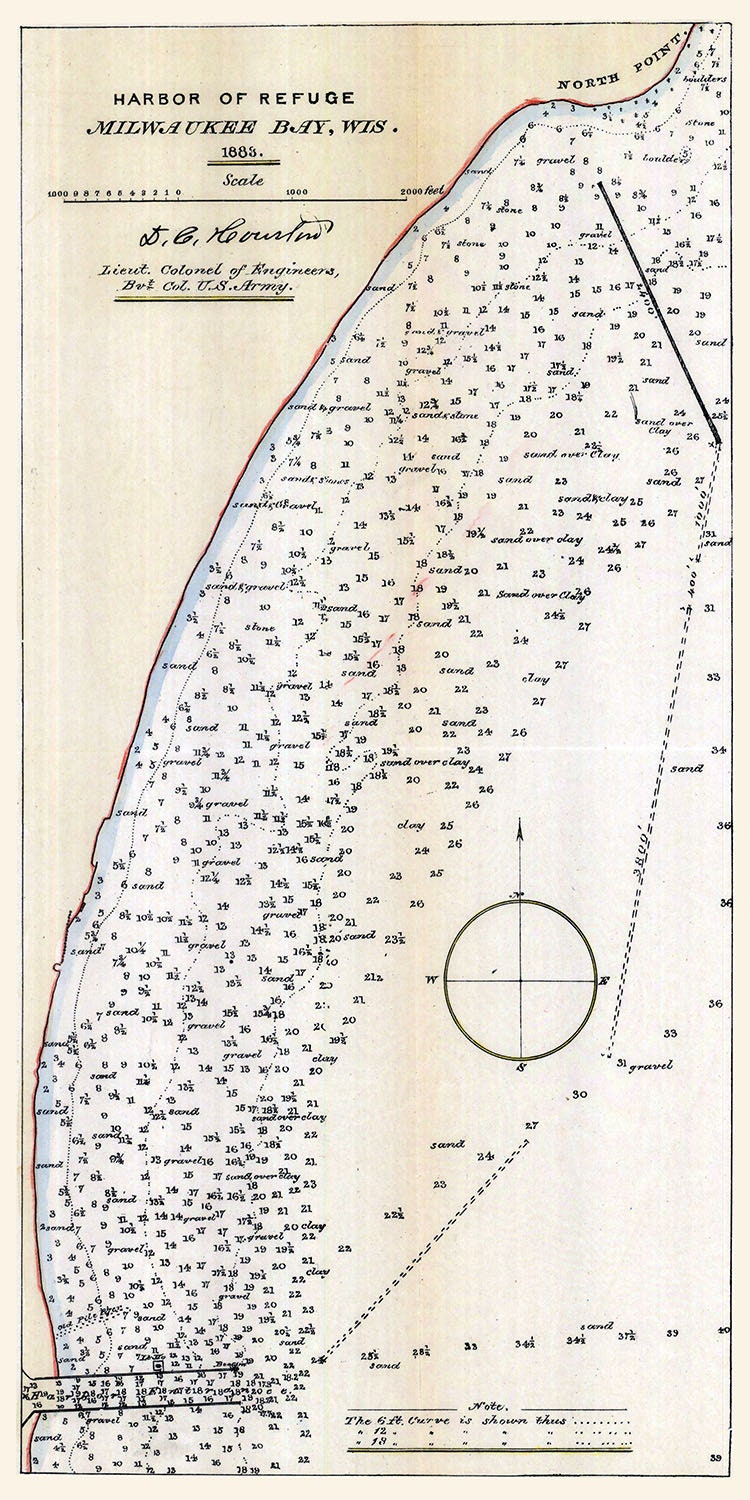 1883 Map of Milwaukee Bay Wisconsin Harbor of Refuge
