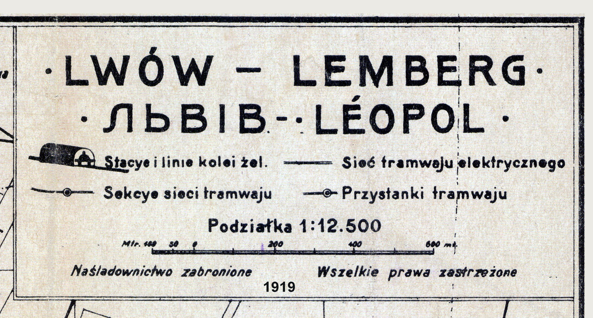 1919 Town Map of Lemberg Ukraine Lwow Galicia