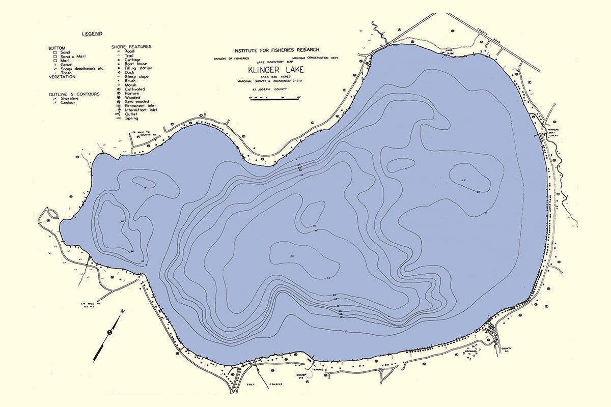 1941 Map of Klinger Lake St Joseph County Michigan