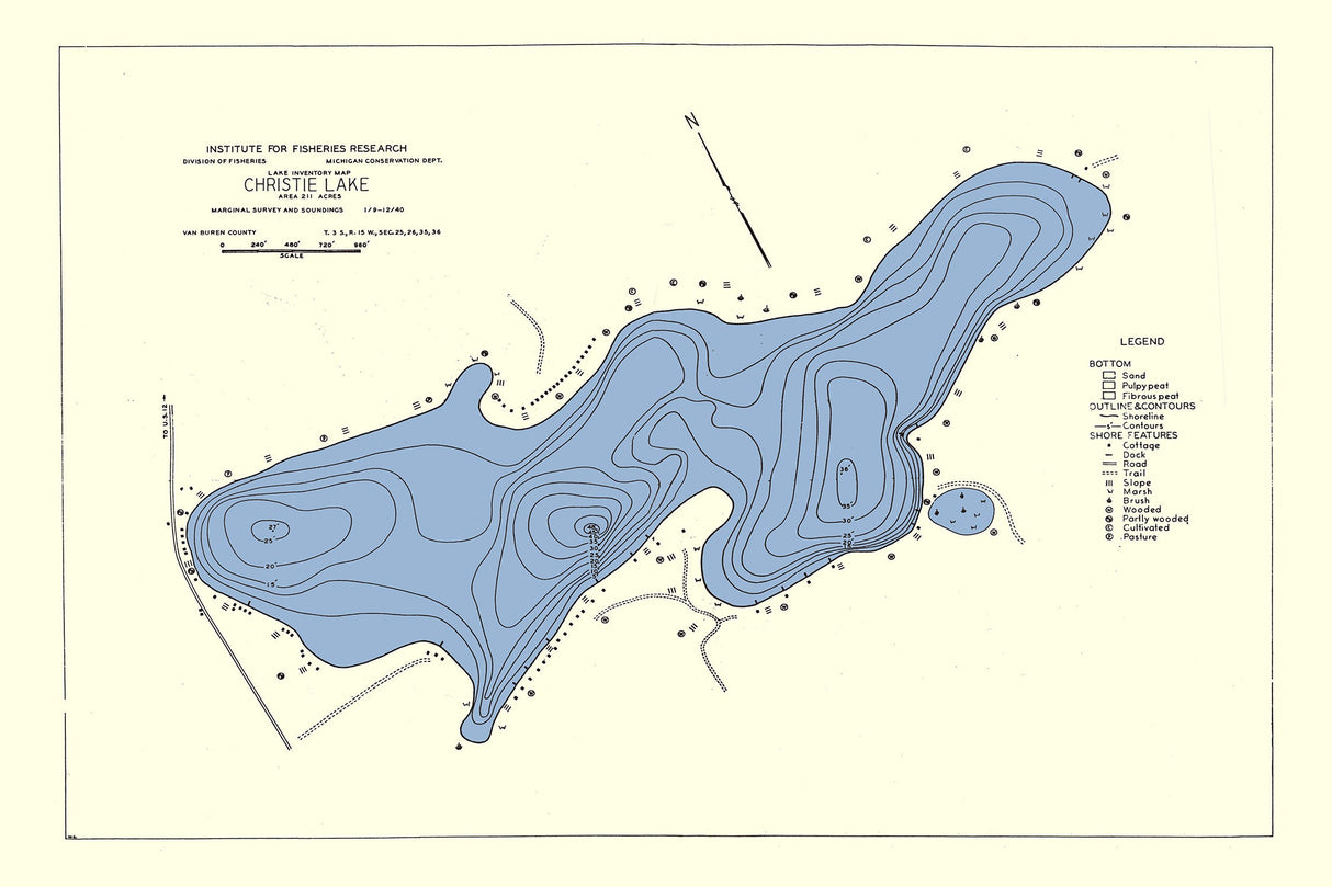 1940 Map of Christie Lake Van Buren County Michigan