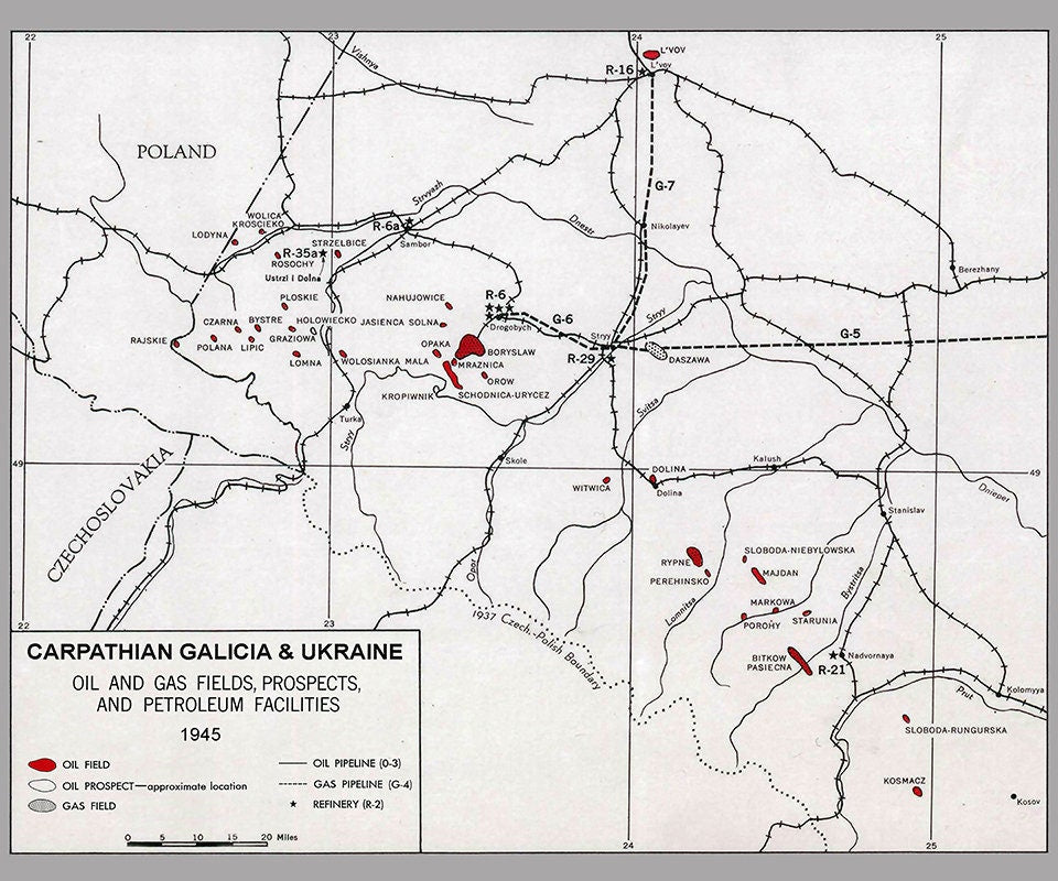 1945 Map of Carpathian Galicia and Ukraine Oil and Gas Fields