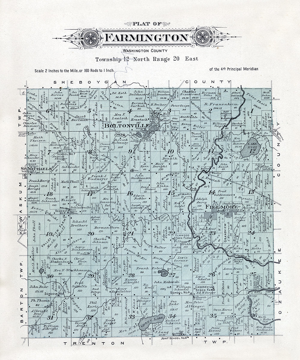 1915 Map of Farmington Township Washington County Wisconsin
