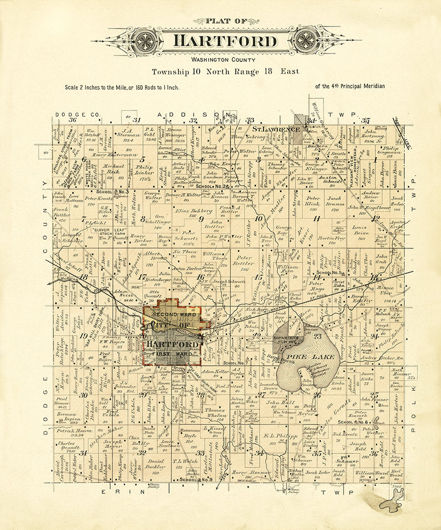 1915 Map of Hartford Township Washington County Wisconsin