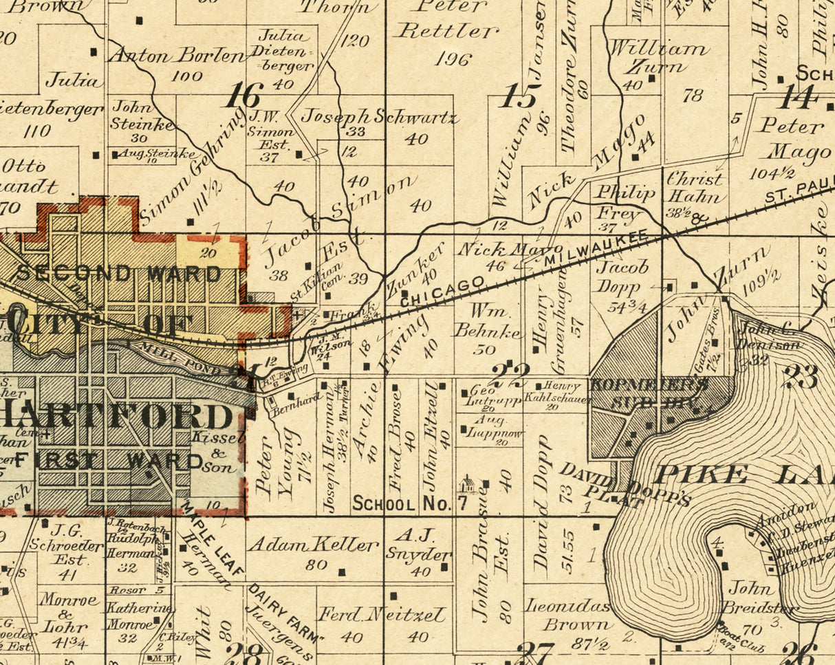 1915 Map of Hartford Township Washington County Wisconsin