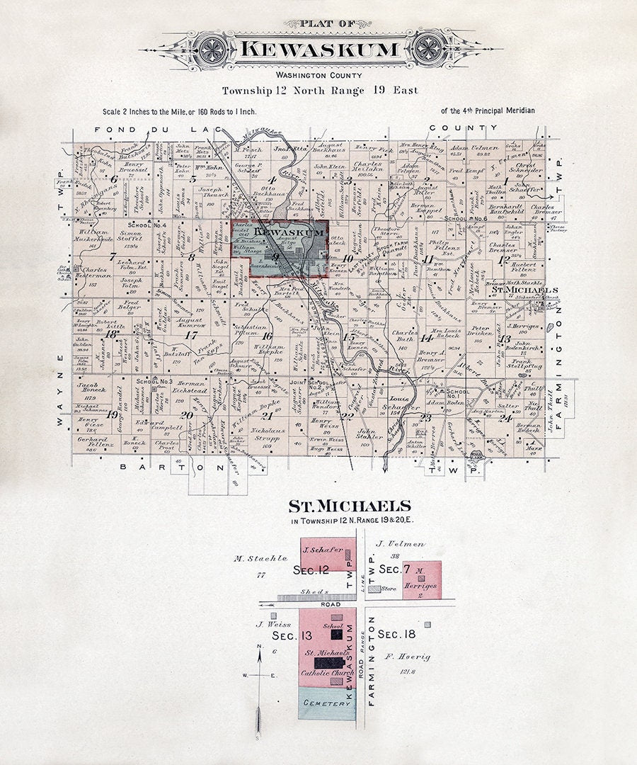 1915 Map of Kewaskum Township Washington County Wisconsin