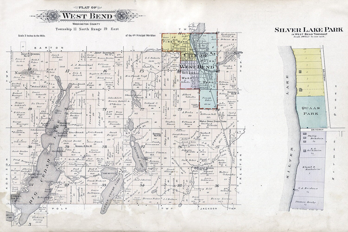 1915 Map of West Bend Township Washington County Wisconsin Big Cedar Lake