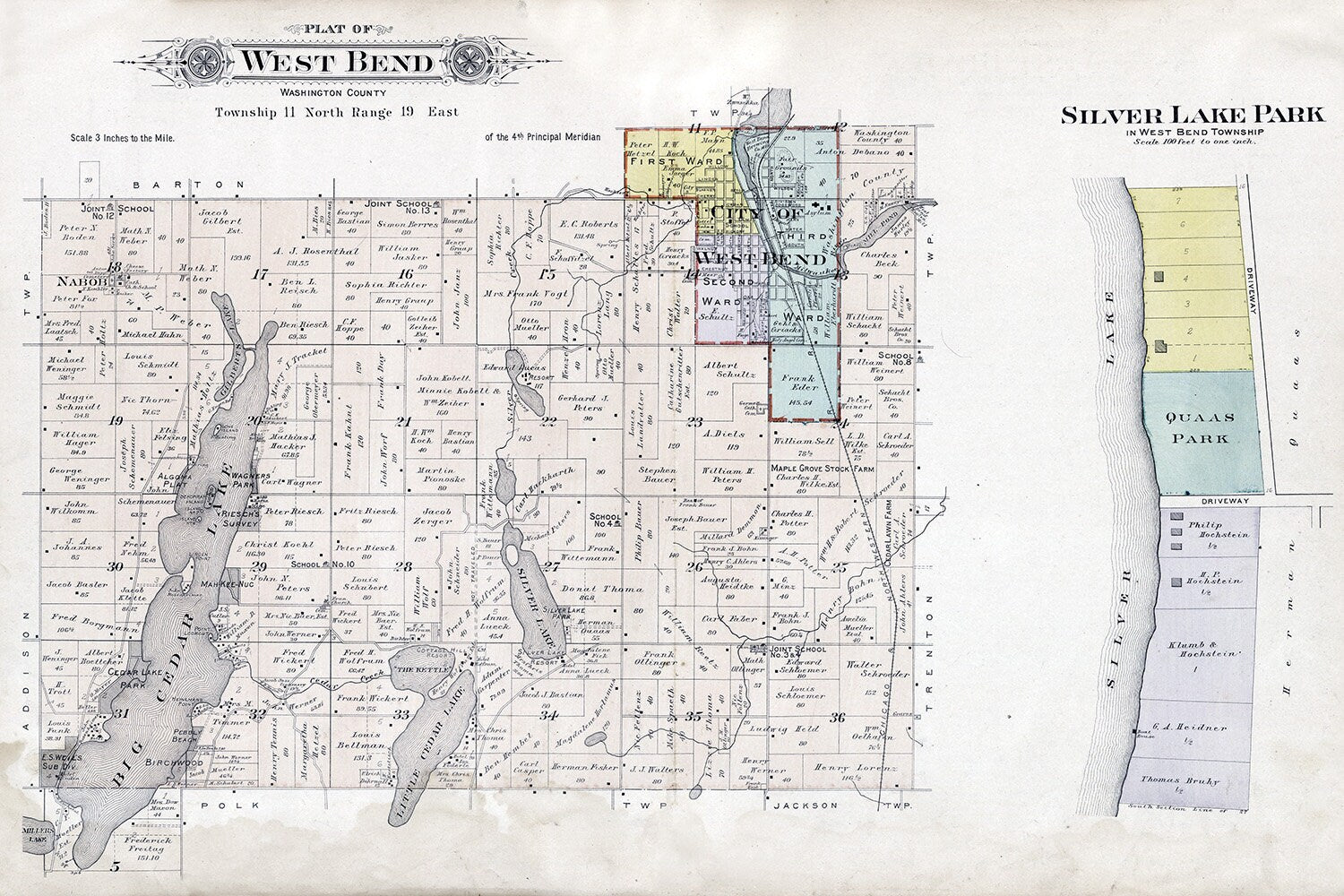 1915 Map of West Bend Township Washington County Wisconsin Big Cedar Lake