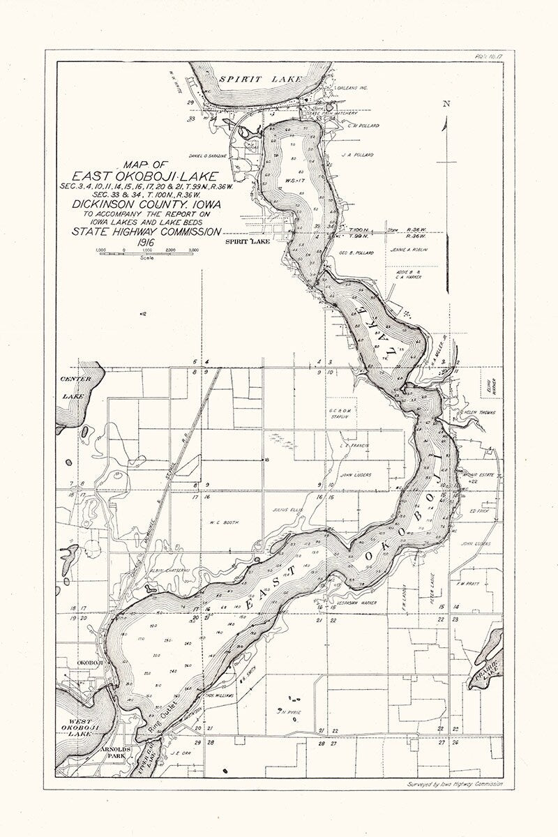 1916 Map of East Okoboji Lake Dickinson County Iowa