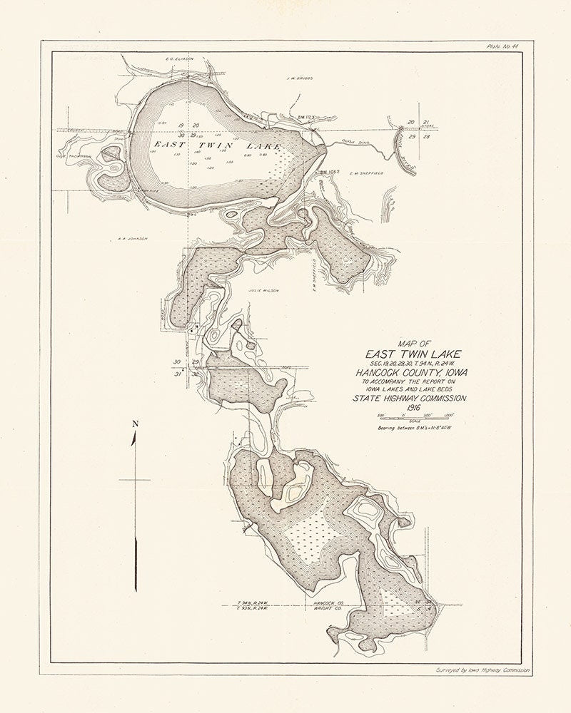 1916 Map of East Twin Lake Hancock County Iowa