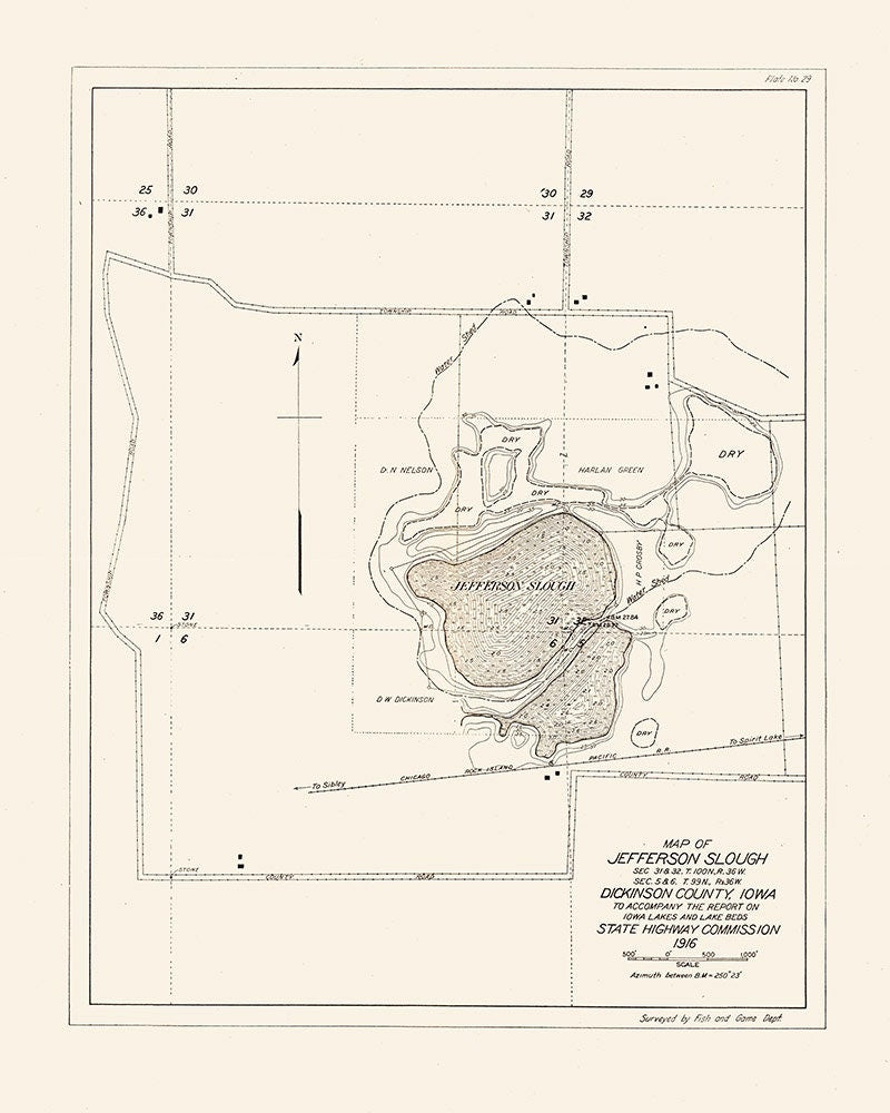 1916 Map of Jefferson Slough Dickinson County Iowa
