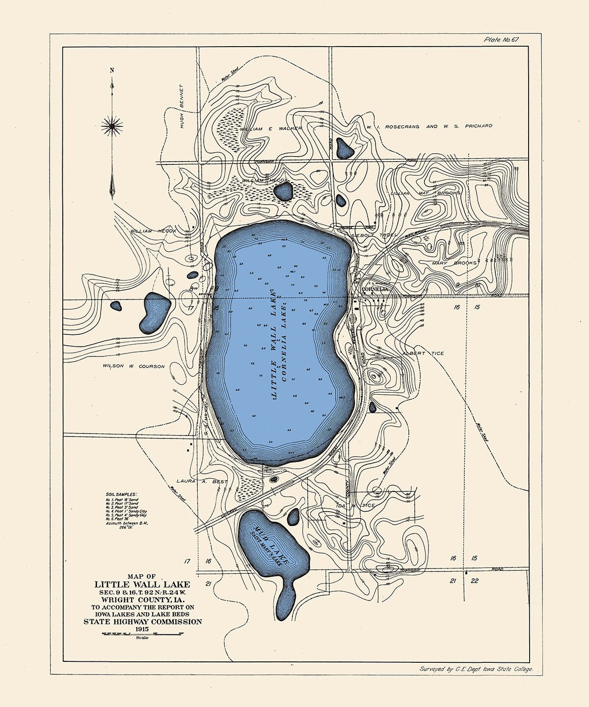 1915 Map of Little Wall Lake & Mud Lake Wright County Iowa