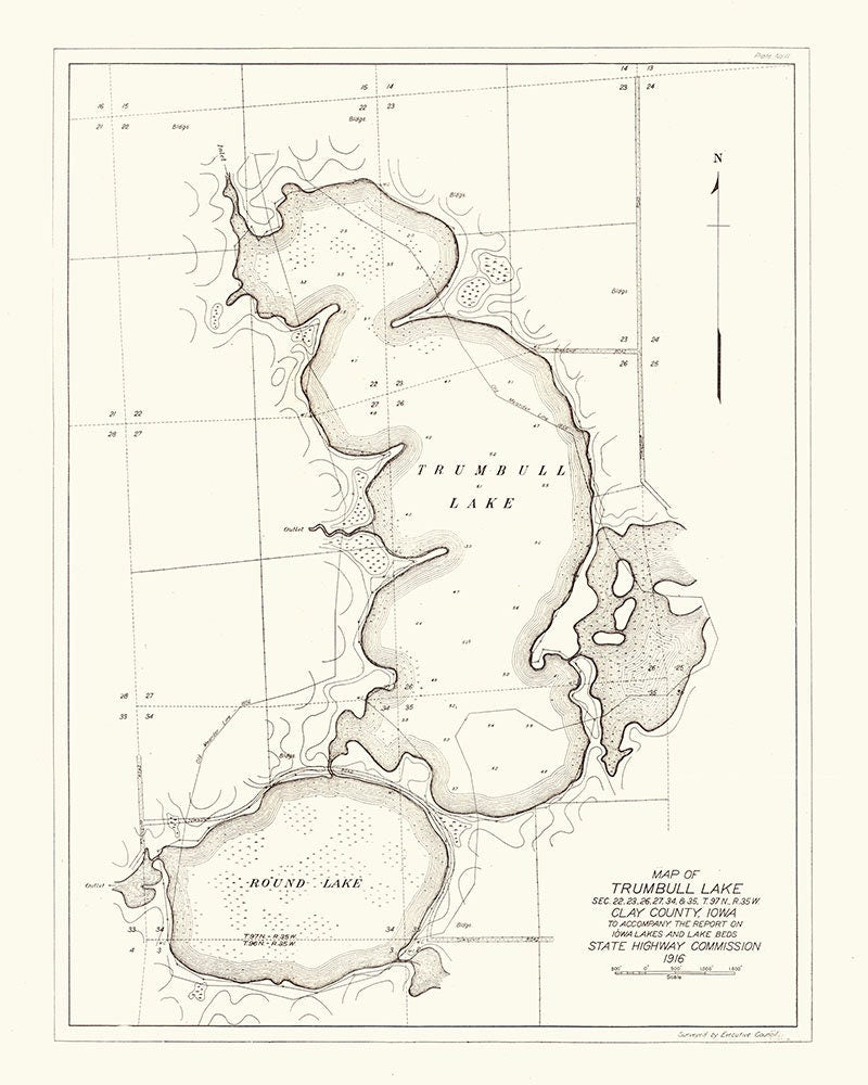 1916 Map of Trumbull Lake and Round Lake Clay County Iowa