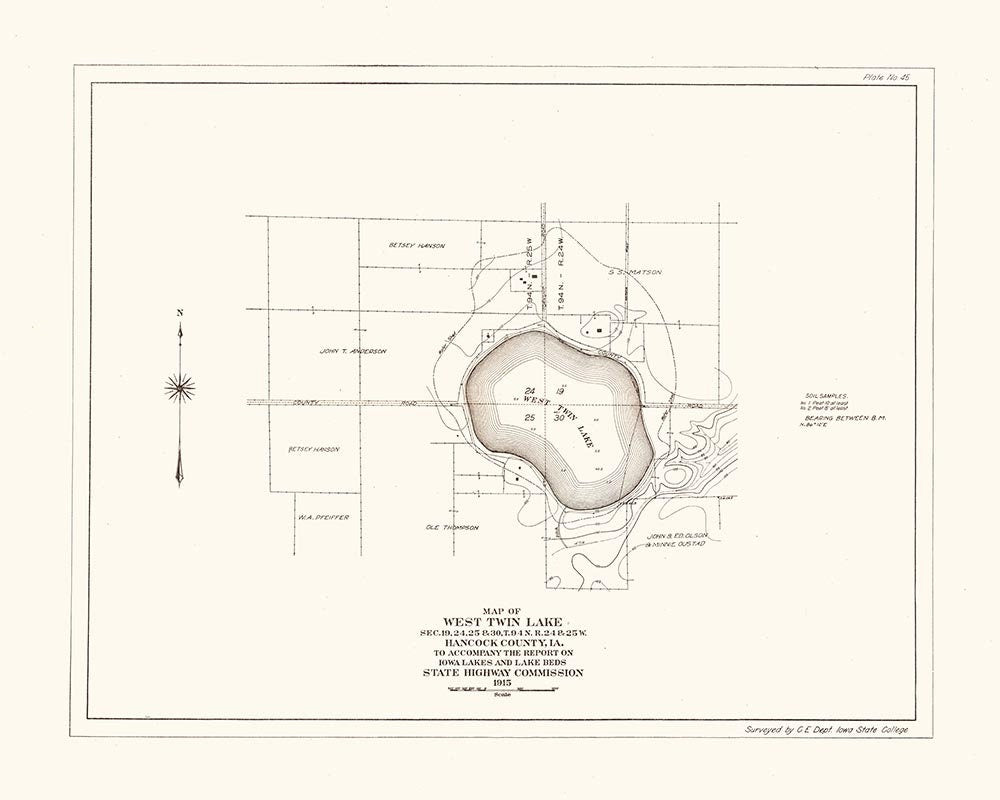 1916 Map of West Twin Lake Hancock County Iowa