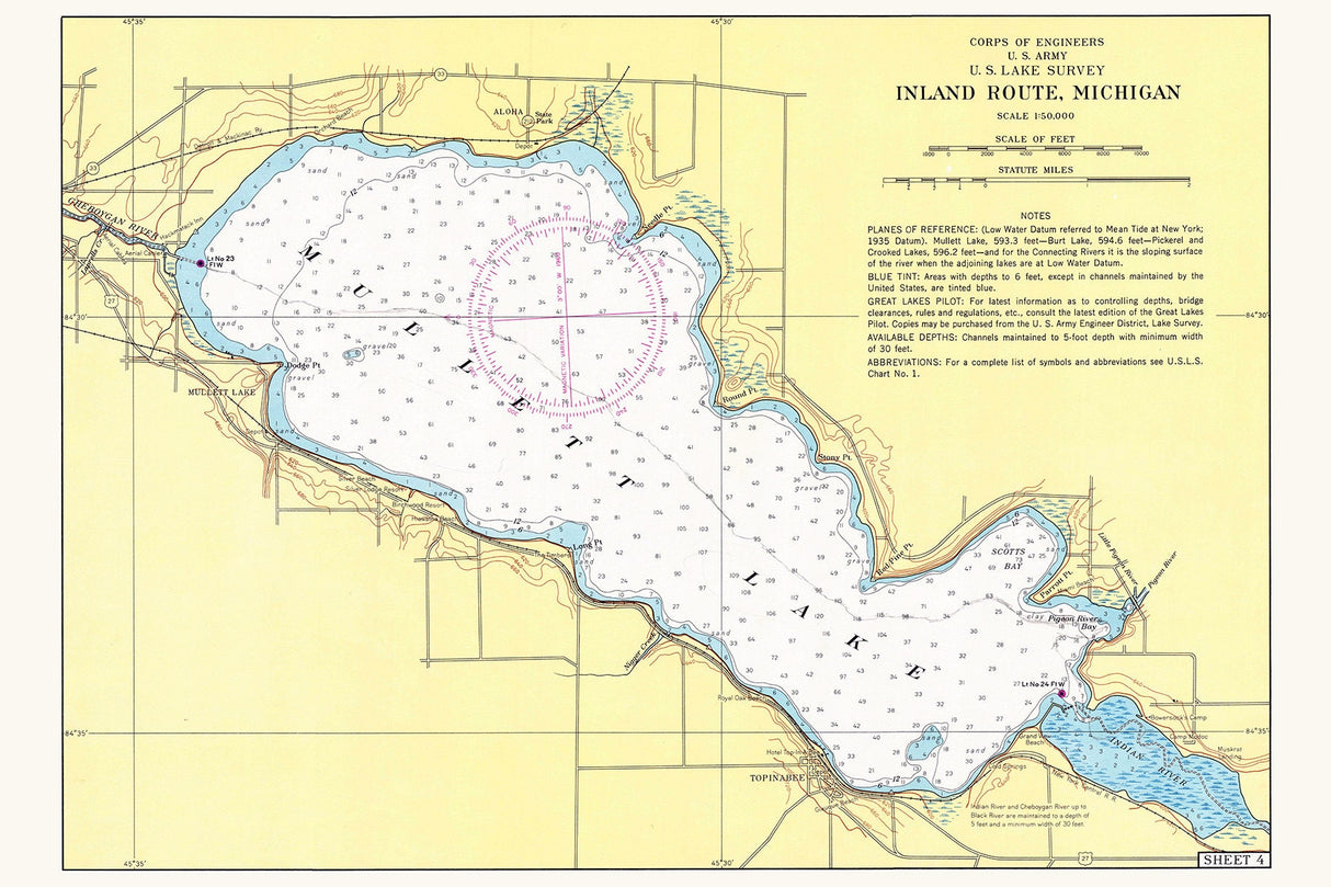 1960 Nautical Map of Mullett Lake Michigan
