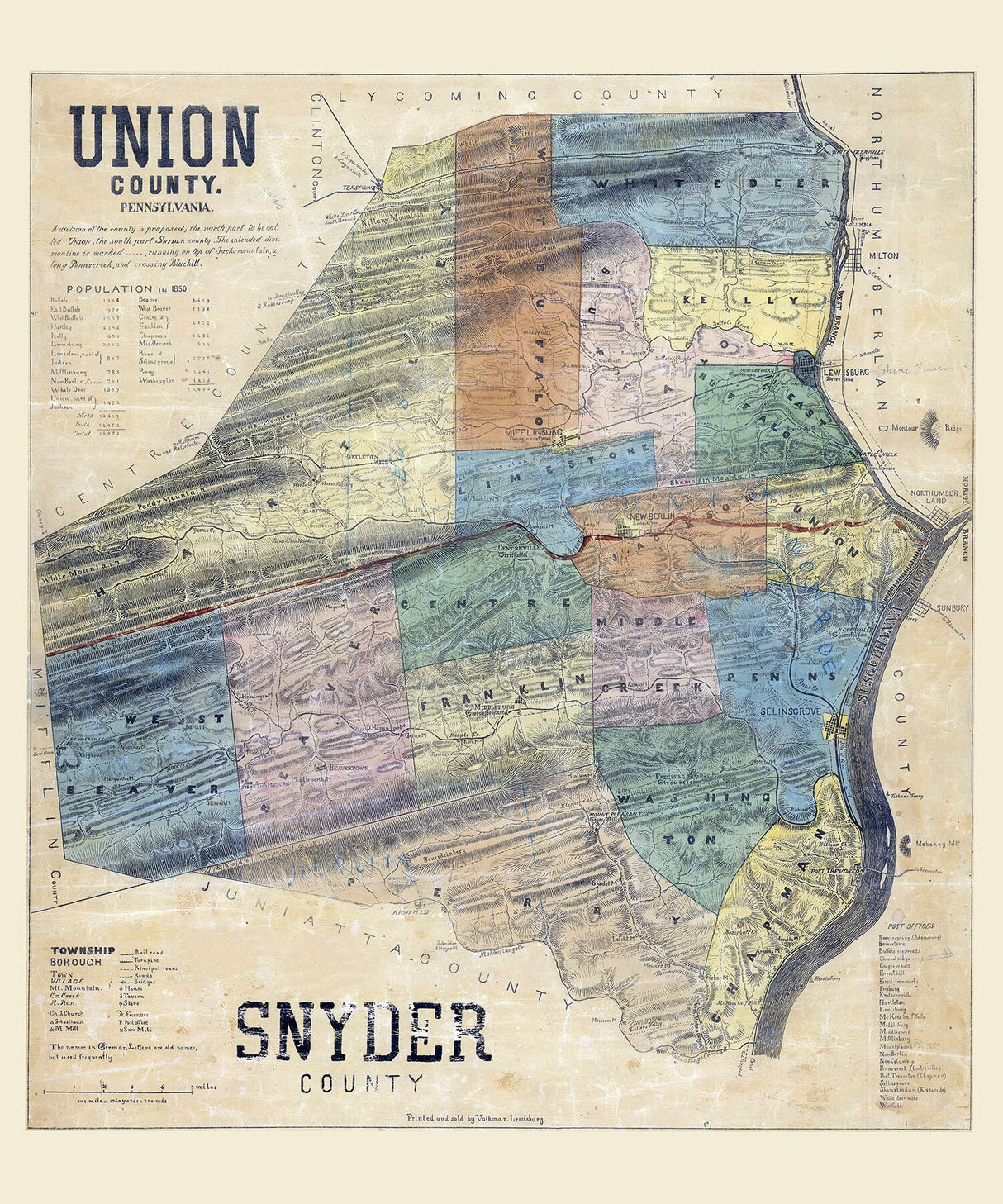 1850 Map of Snyder County and Union County Pennsylvania