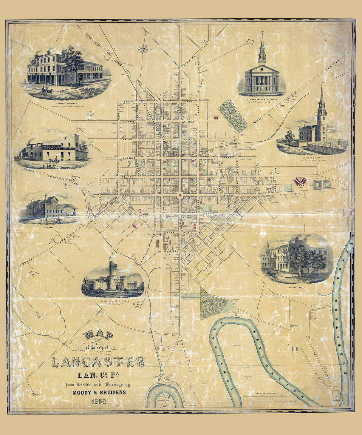 1850 Town Map of Lancaster Lancaster County Pennsylvania