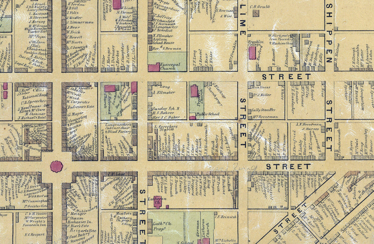 1850 Town Map of Lancaster Lancaster County Pennsylvania