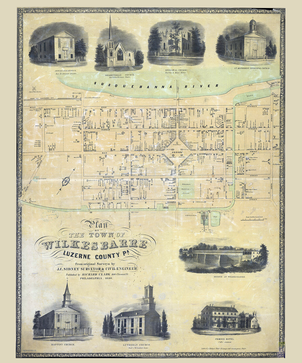 1860 Map of Wilkesbarre Luzerne County Pennsylvania
