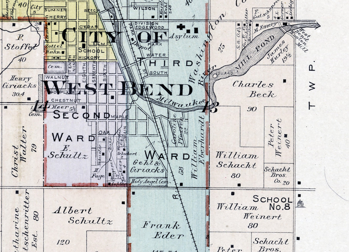 1915 Map of West Bend Township Washington County Wisconsin Big Cedar Lake