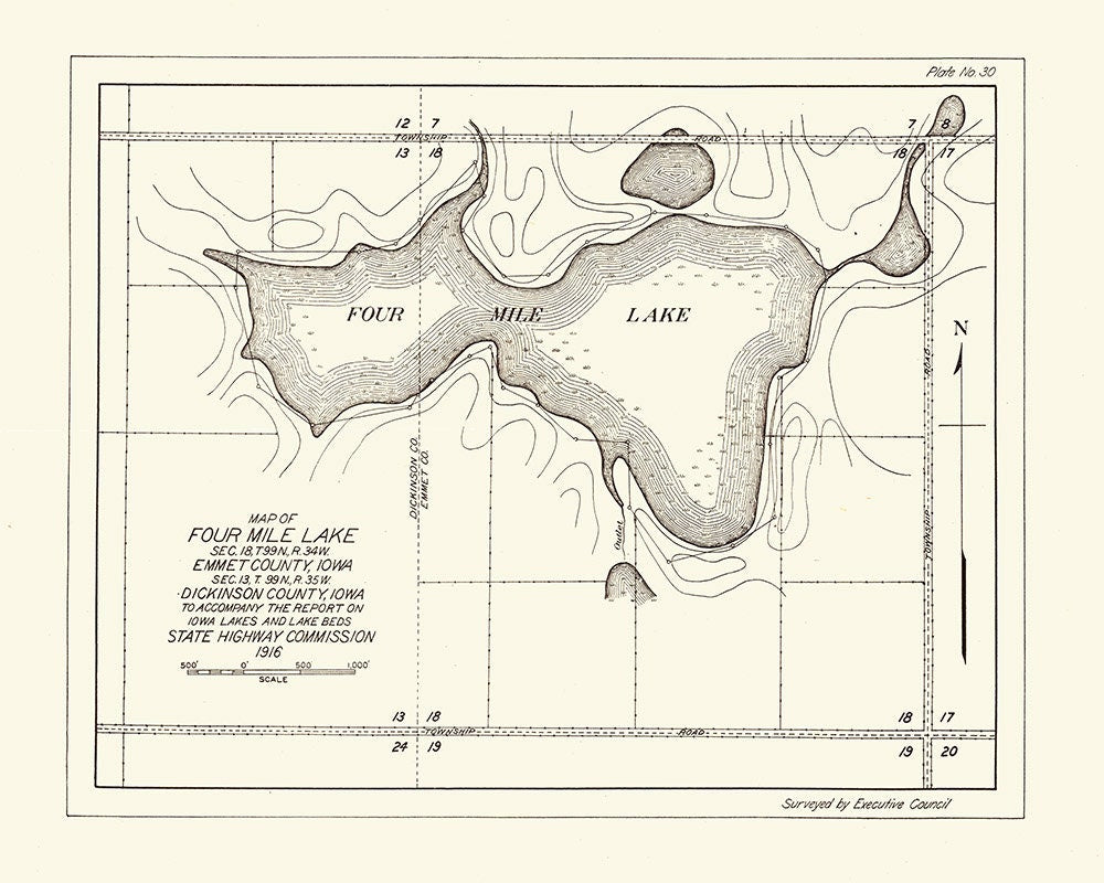 1916 Map of Four Mile Lake Emmet County Iowa
