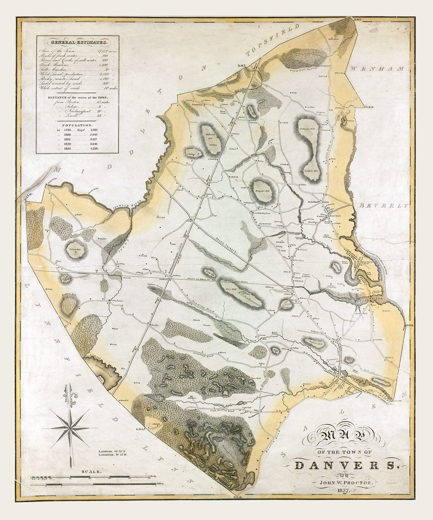 1832 Town Map of Danvers Essex County Massachusetts