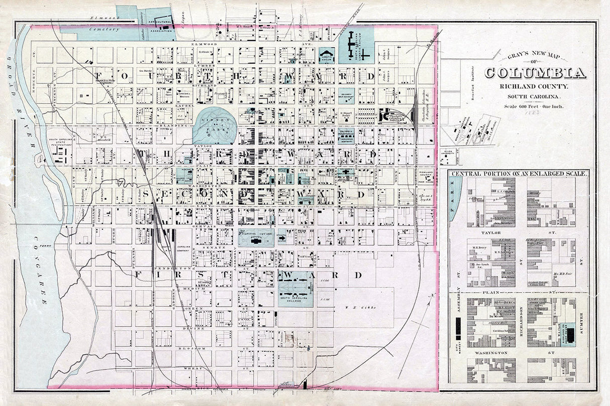1883 Map of Columbia Richland County South Carolina