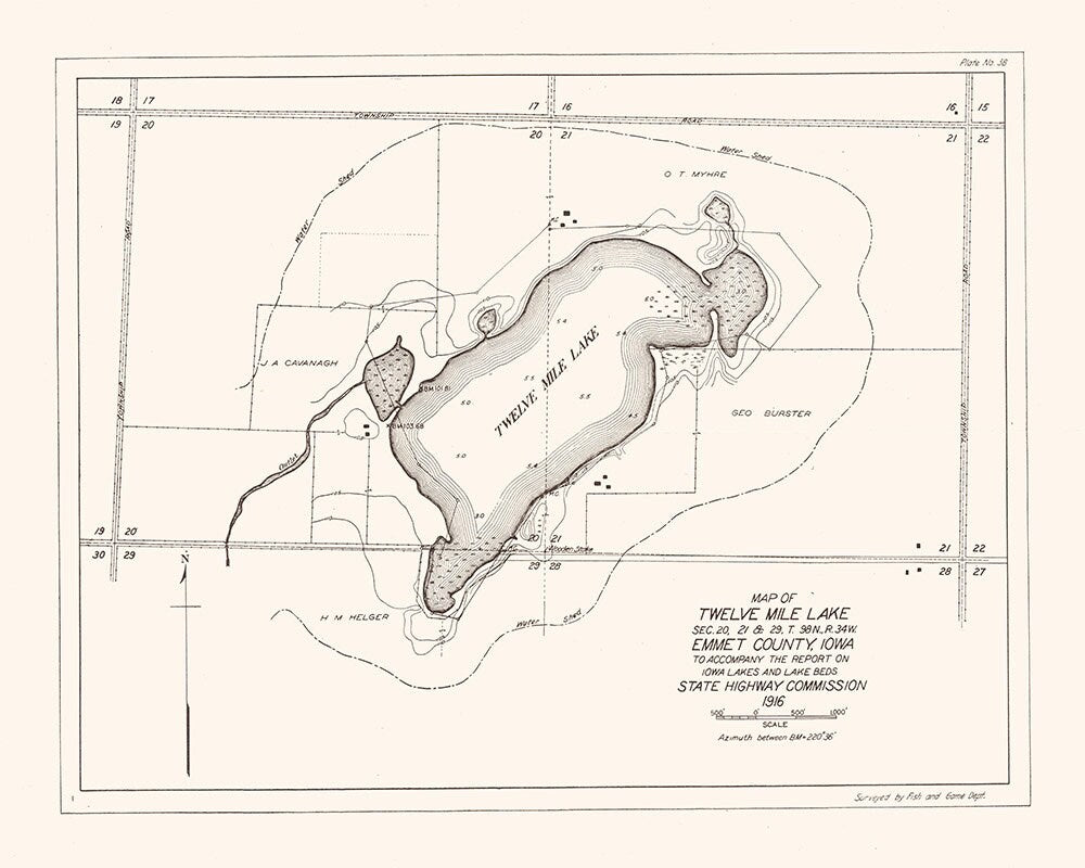 1916 Map of Twelve Mile Lake Emmet County Iowa