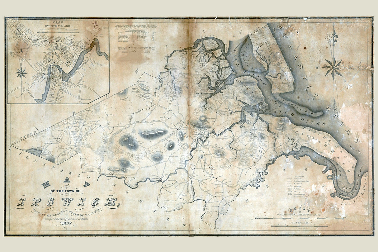 1832 Town Map of Ipswich Essex County Massachusetts