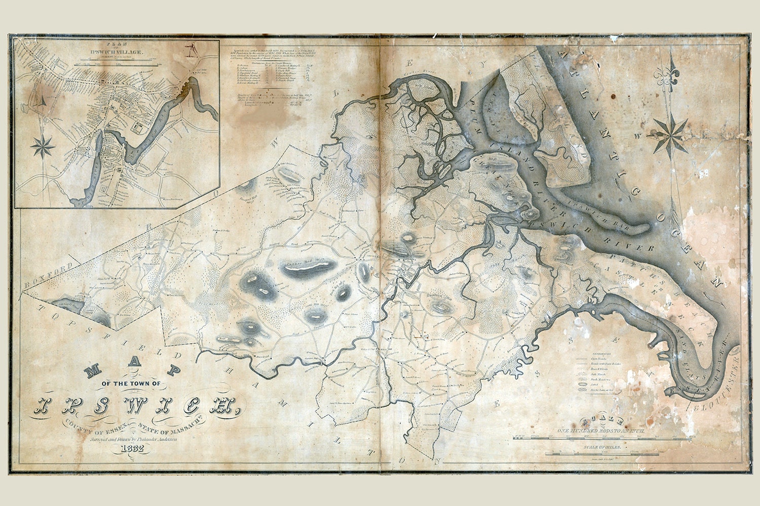 1832 Town Map of Ipswich Essex County Massachusetts