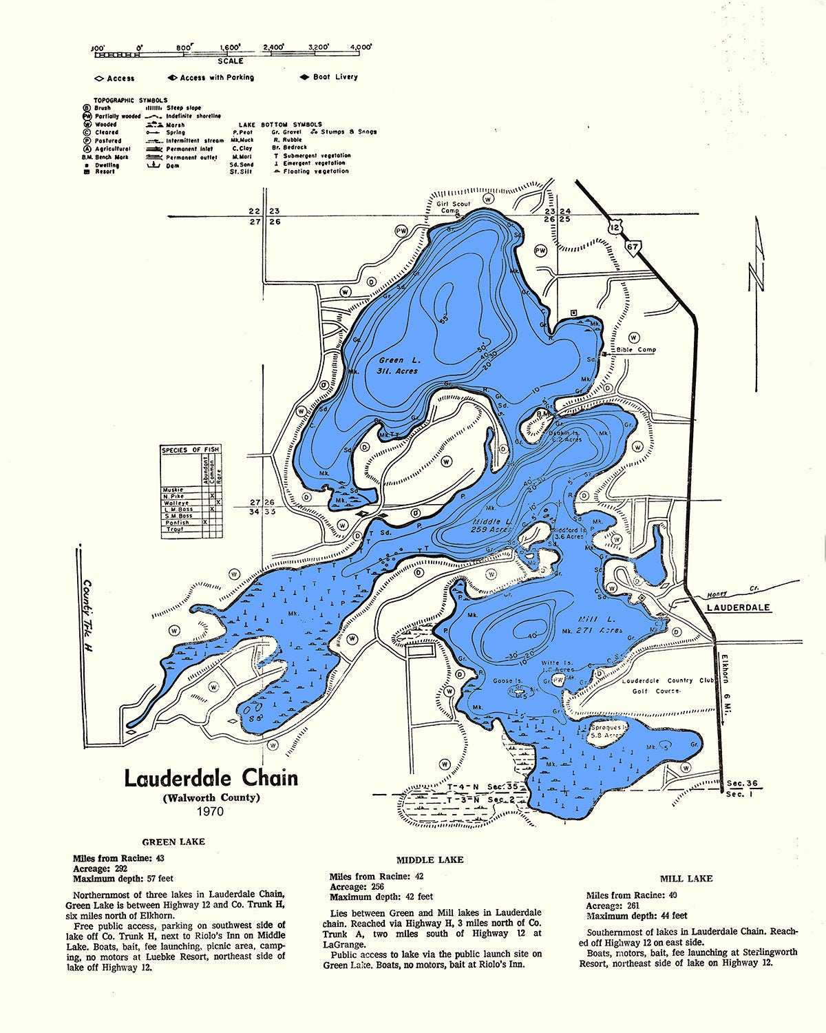 1970 Map of Lauderdale Chain Lakes Walworth County Wisconsin