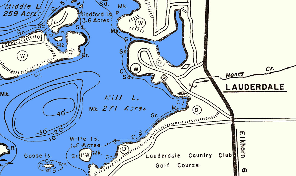 1970 Map of Lauderdale Chain Lakes Walworth County Wisconsin