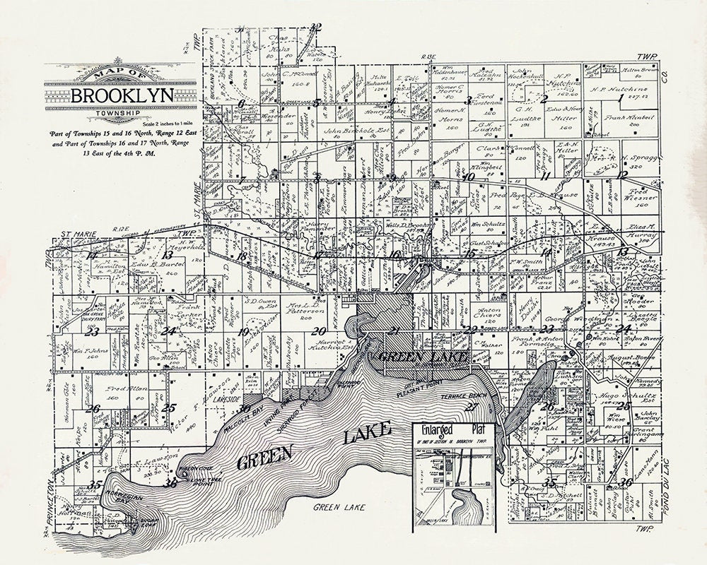 1923 Map of Brooklyn Township Green Lake County Wisconsin