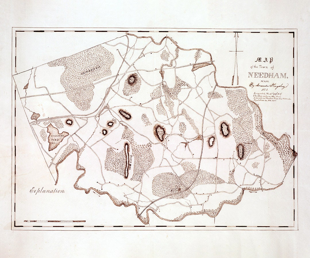 1852 Town Map of Needham Norfolk County Massachusetts