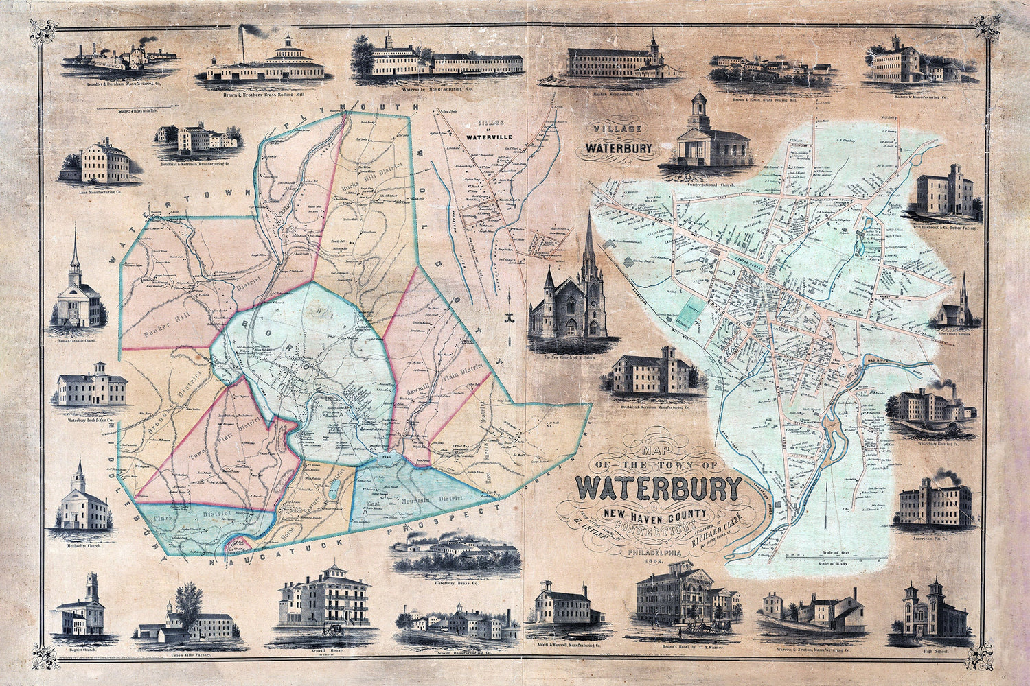 1852 Town Map of Waterbury New Haven County Connecticut