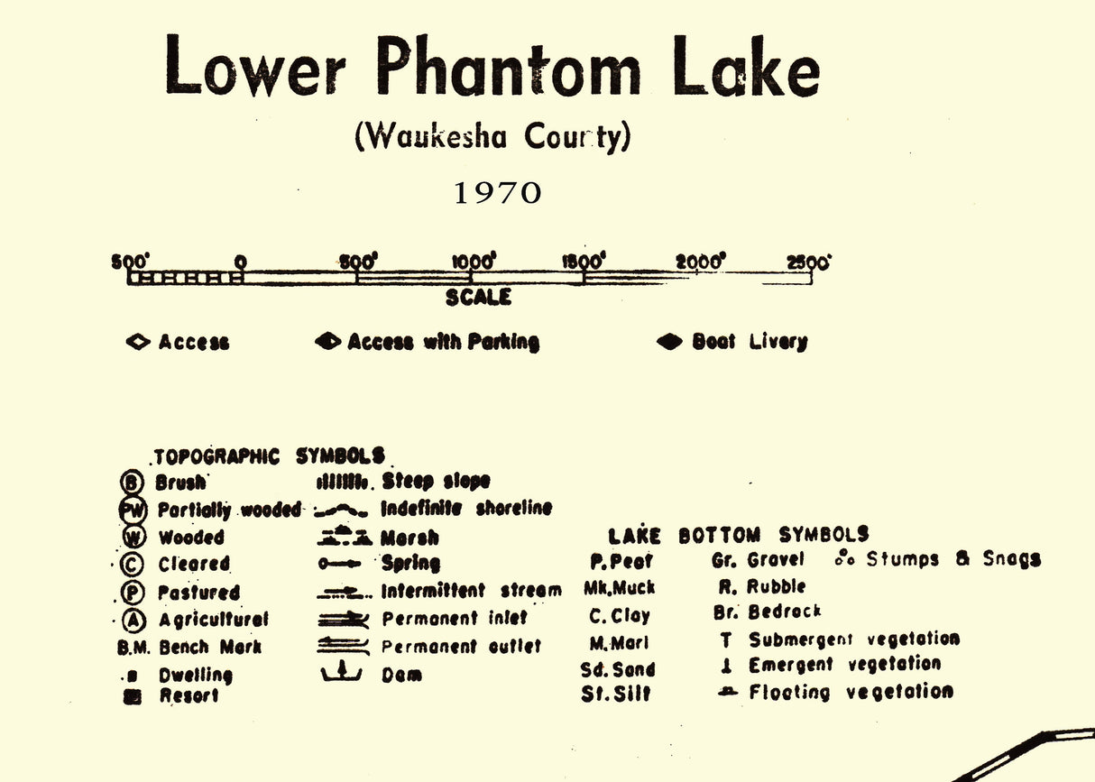 1970 Map of Upper Phantom & Lower Phantom Lake Waukesha County Wisconsin