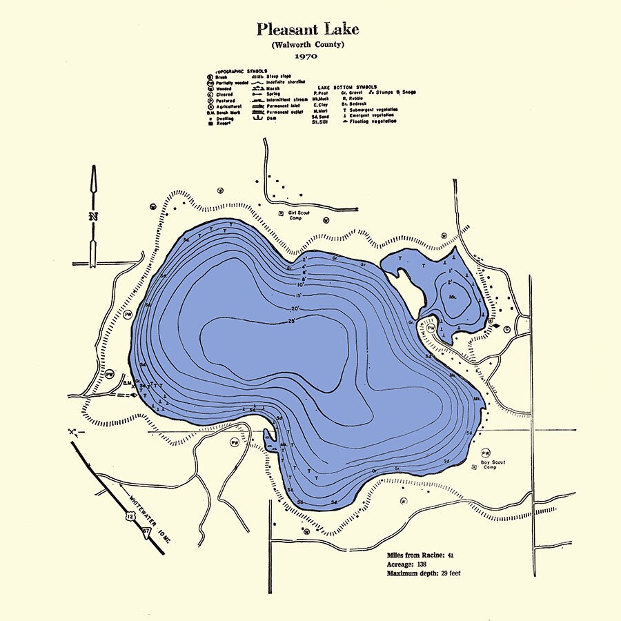 1970 Map of Pleasant Lake Walworth County Wisconsin