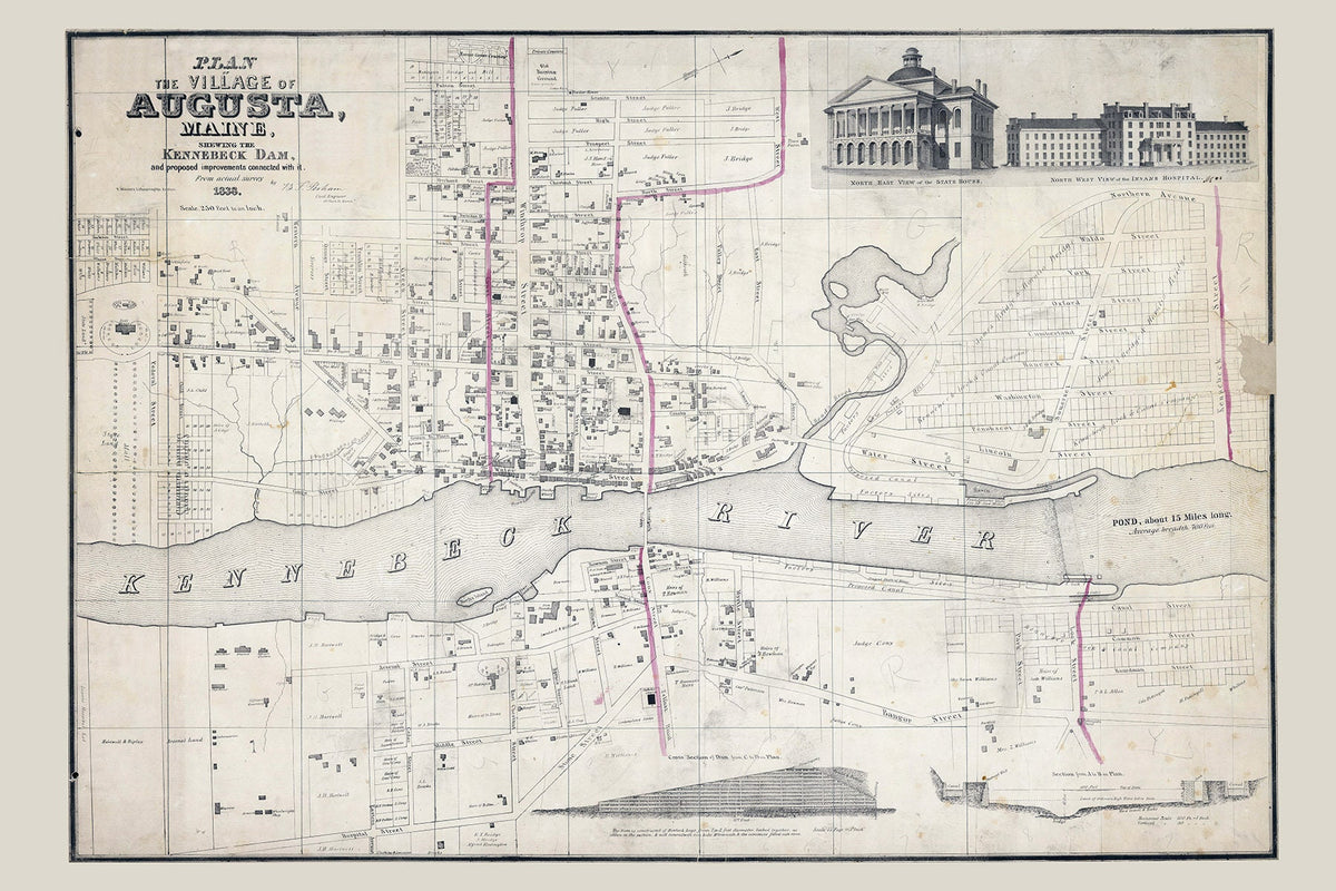 1838 Town Map of Augusta Maine