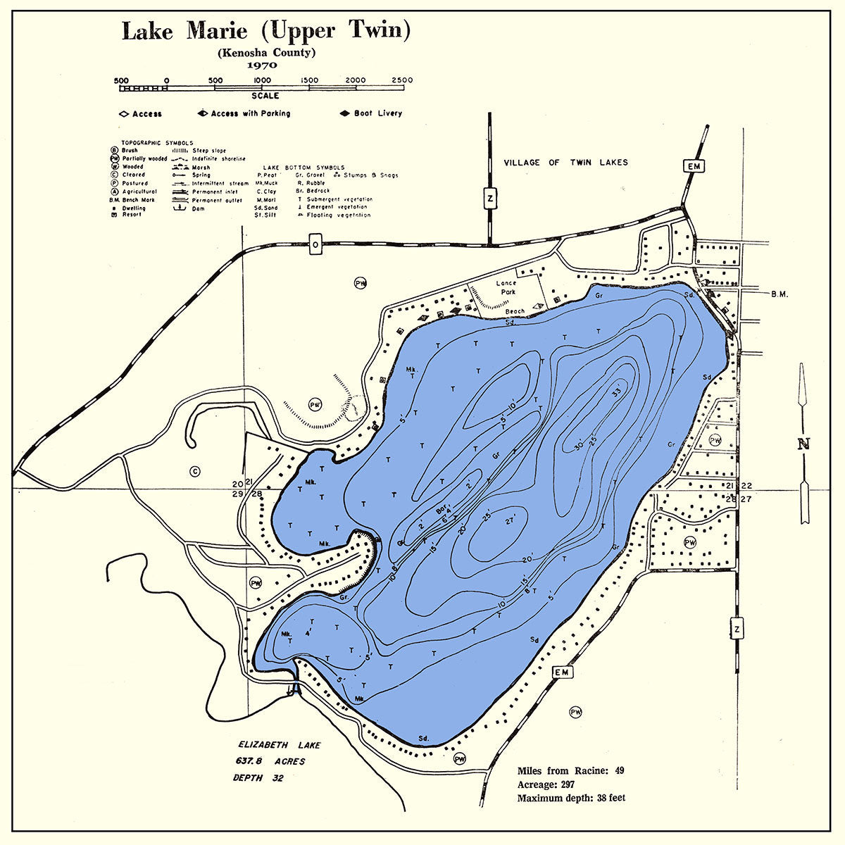 1970 Map of Lake Marie Upper Twin Kenosha County Wisconsin