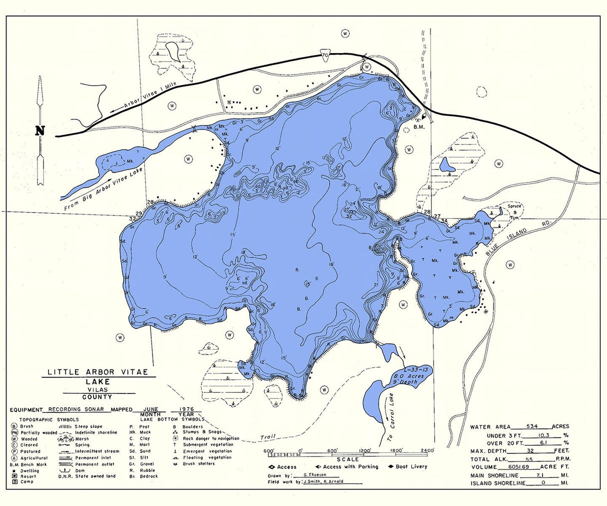 1976 Map of Little Arbor Vitae Lake Vilas County Wisconsin