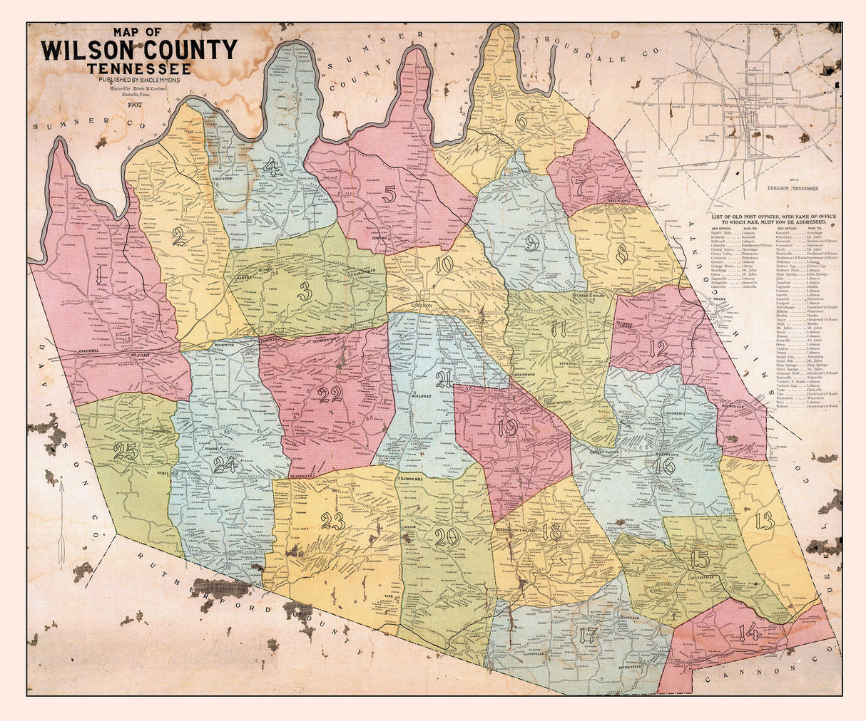 1907 Map of Wilson County Tennessee