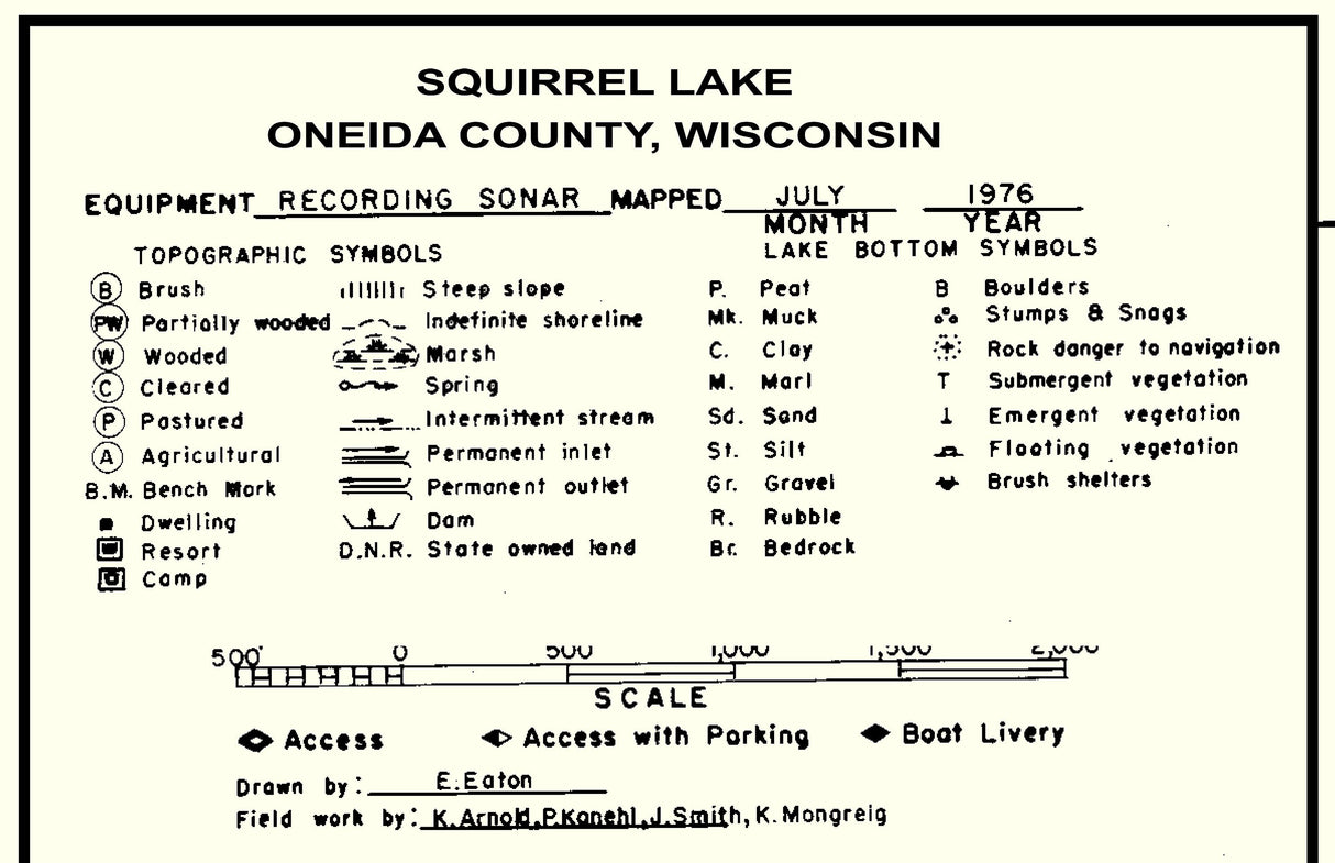 1976 Map of Squirrel Lake Oneida County Wisconsin
