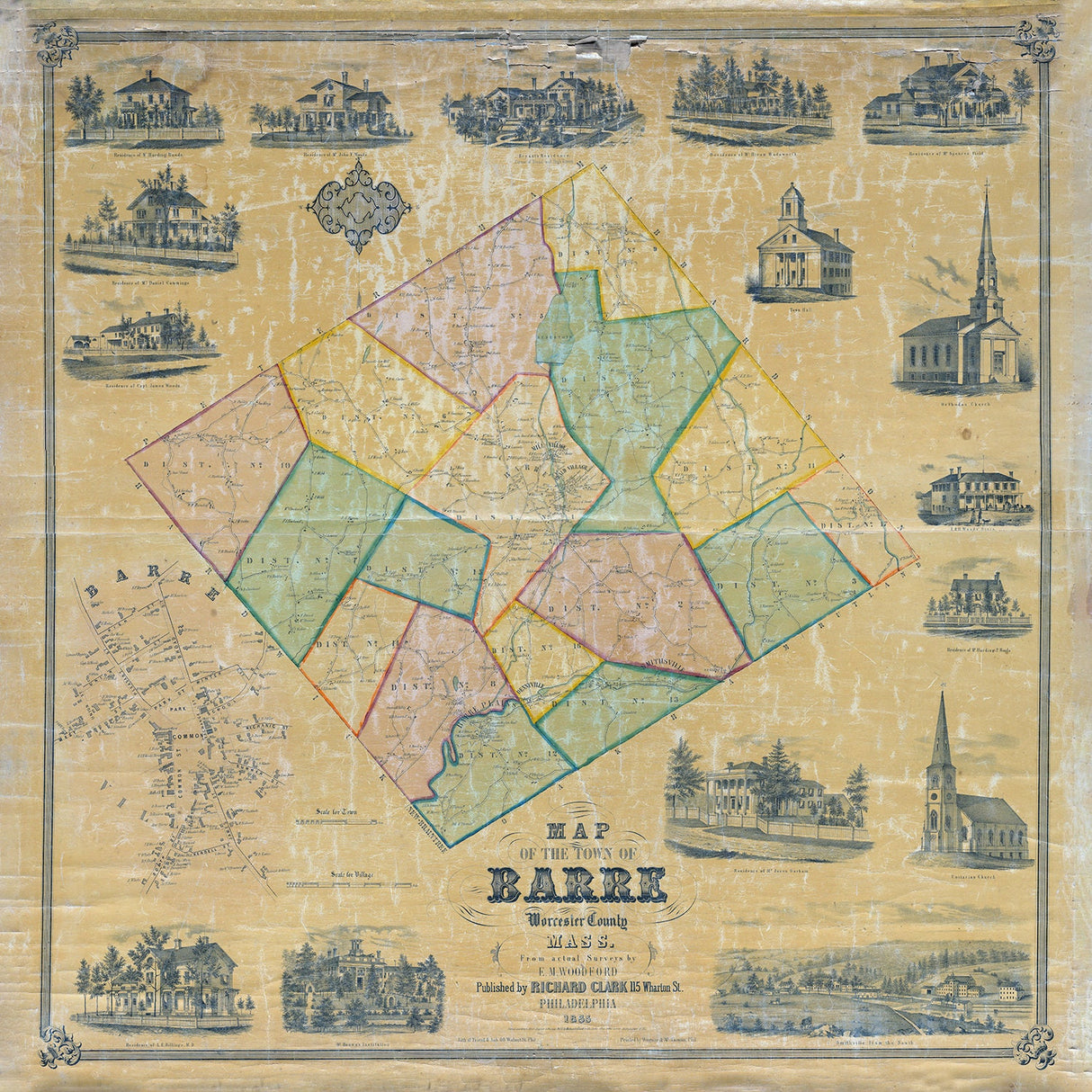 1855 Town Map of Barre Worcester County Massachusetts