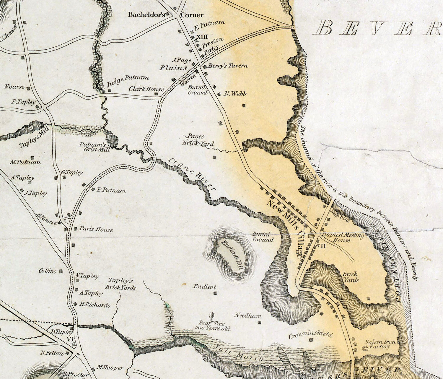 1832 Town Map of Danvers Essex County Massachusetts