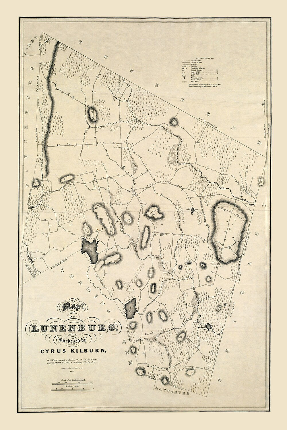 1833 Town Map of Lunenburg Worcester County Massachusetts