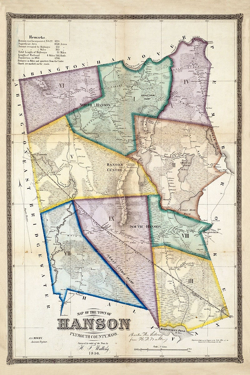 1856 Town Map of Hanson Plymouth County Massachusetts