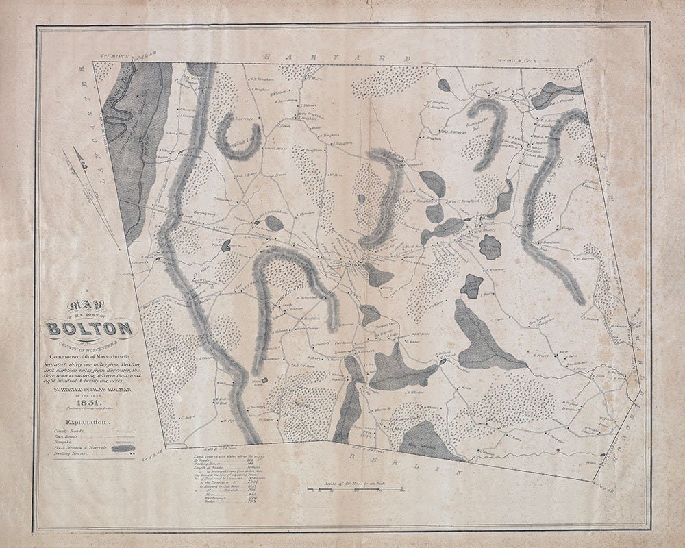 1831 Town Map of Bolton Worcester County Massachusetts