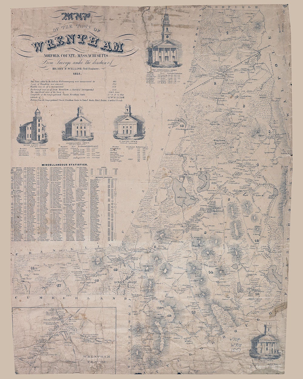 1851 Town Map of Wrentham Norfolk County Massachusetts