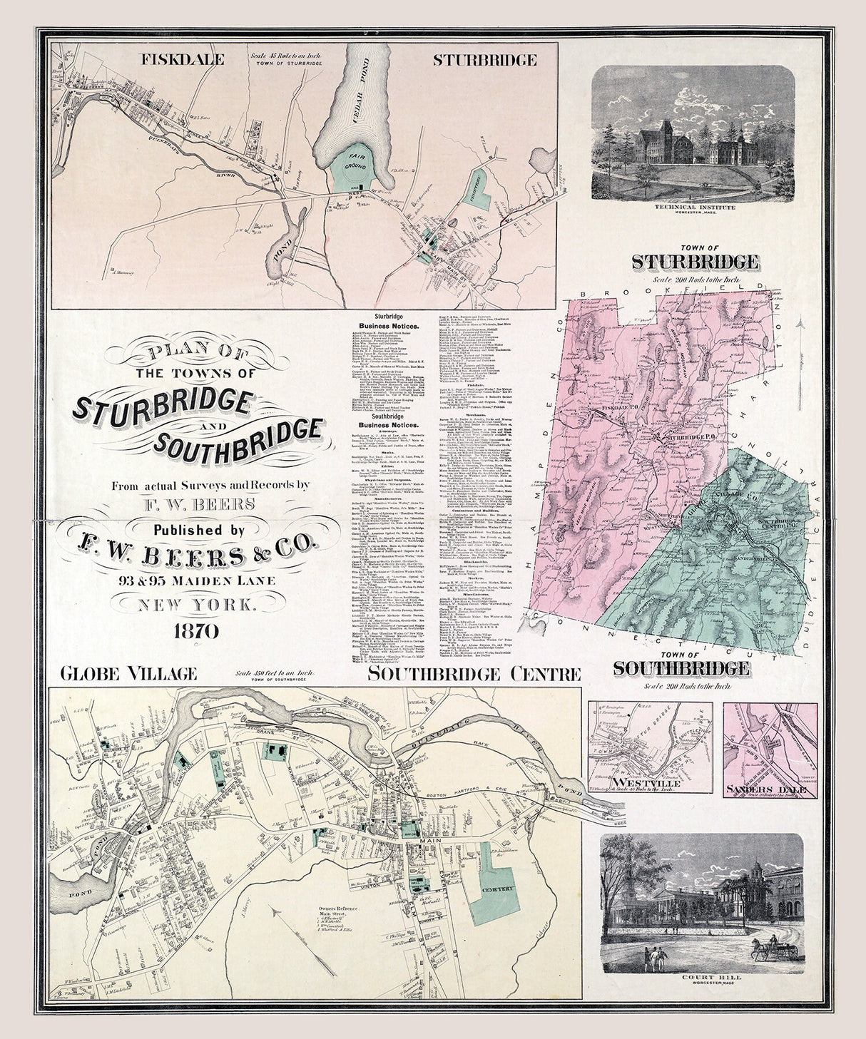 1870 Town Map of Sturbridge and Southbridge Massachusetts